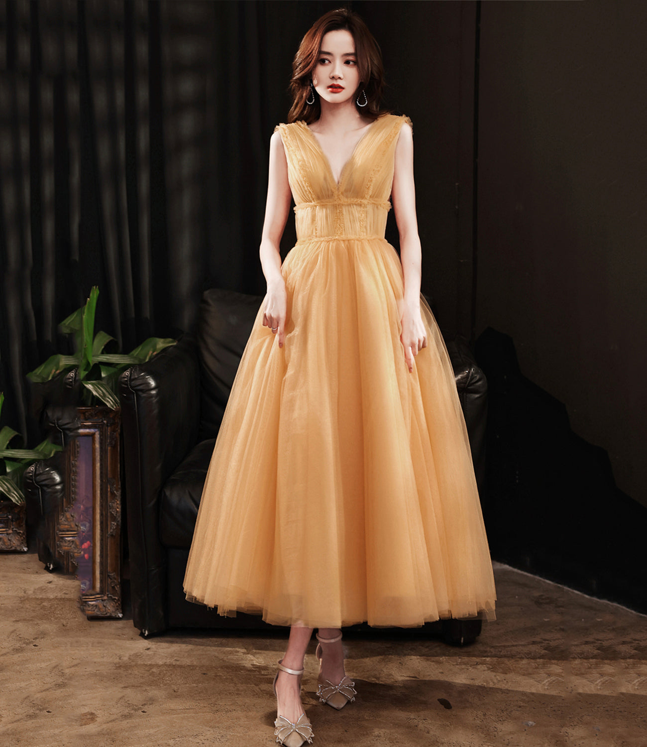 YELLOW TULLE TEA LENGTH PROM DRESS EVENING DRESS     cg23305