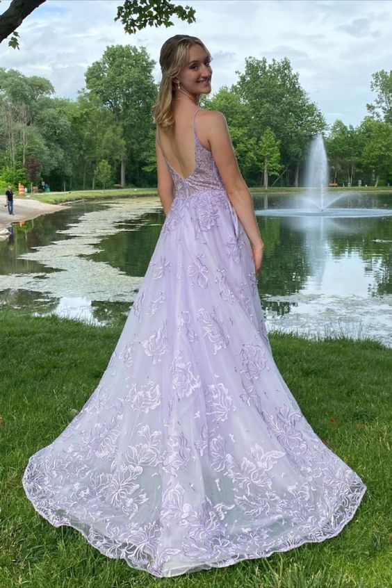 open back lavender lace long prom dress formal dress         cg23313