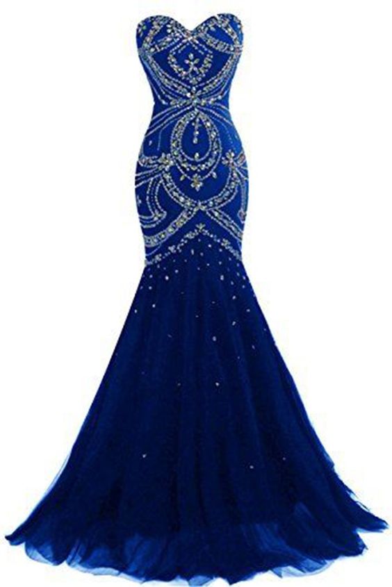 Luxury navy blue tulle sweetheart sequins beaded backless mermaid long prom dresses, evening dresses      cg23326