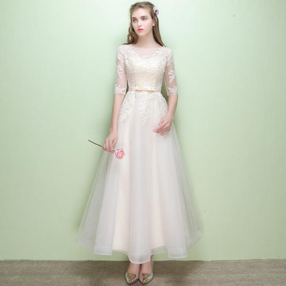 Champagne Tulle Round Neckline With Lace Applique Wedding Party Dresses, Lovely Tulle Party Dresses Prom Dress      cg23331