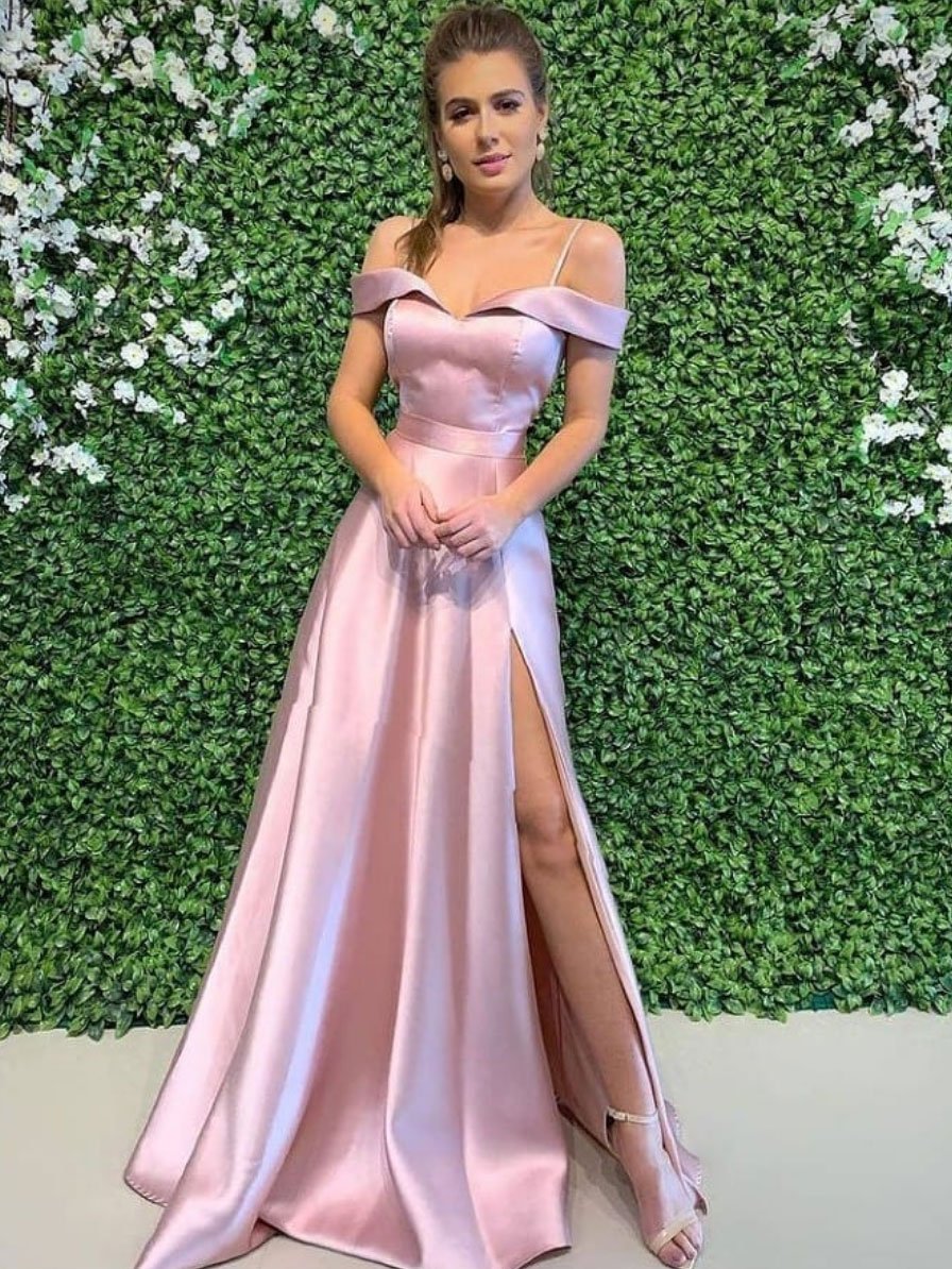 Simple pink off shoulder long prom dress, pink evening dress      cg23334