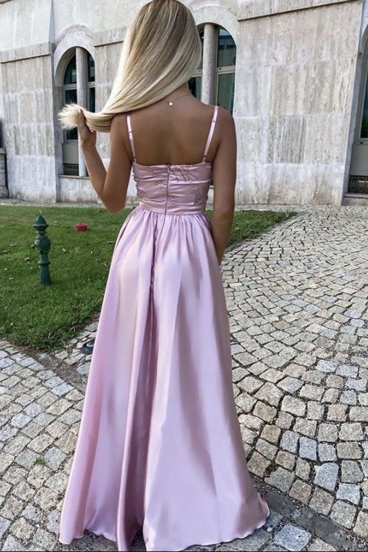 Pink lace long A line prom dress pink evening dress        cg23367