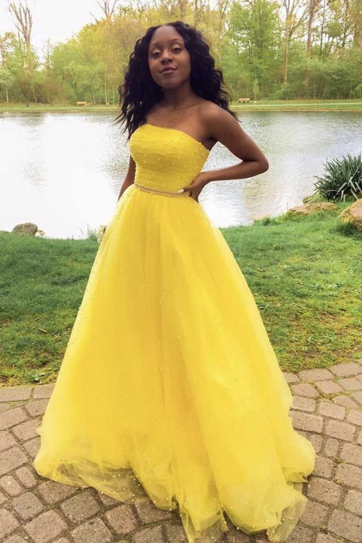 Yellow tulle long A line prom dress yellow evening dress        cg23368