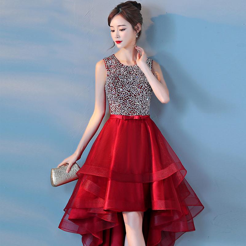 Wine Red Sequins Tulle High Low Round Neckline Party Dresses, Dark Red Homecoming Dresses         cg23370
