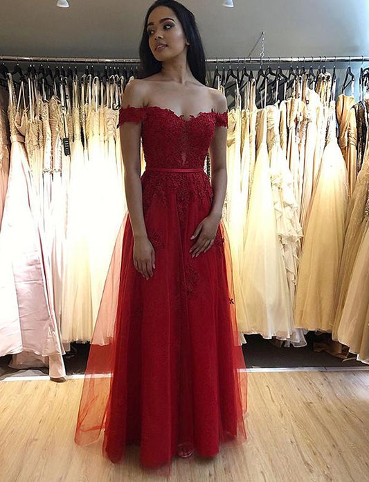 Charmantes A-Linien-Abendkleid mit schulterfreiem Abschlussballkleid in Rot mit Applikationen cg2339