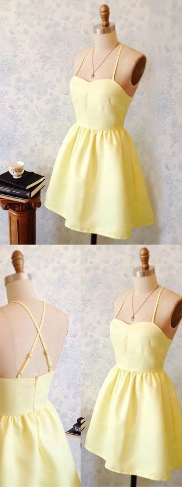 A-Line Spaghetti Straps Short Yellow Satin Homecoming Dress          cg23412