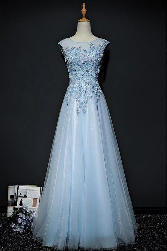 Sky Blue A Line Long Tulle Prom Dress With Lace Cap Sleeves         cg23418