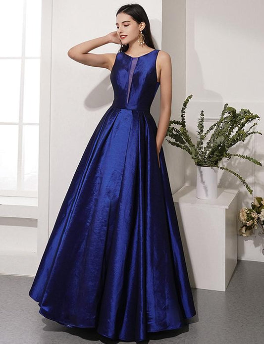 Classic Navy Blue Long Prom Dresses Round Neck Evening Party Dresses cg2346