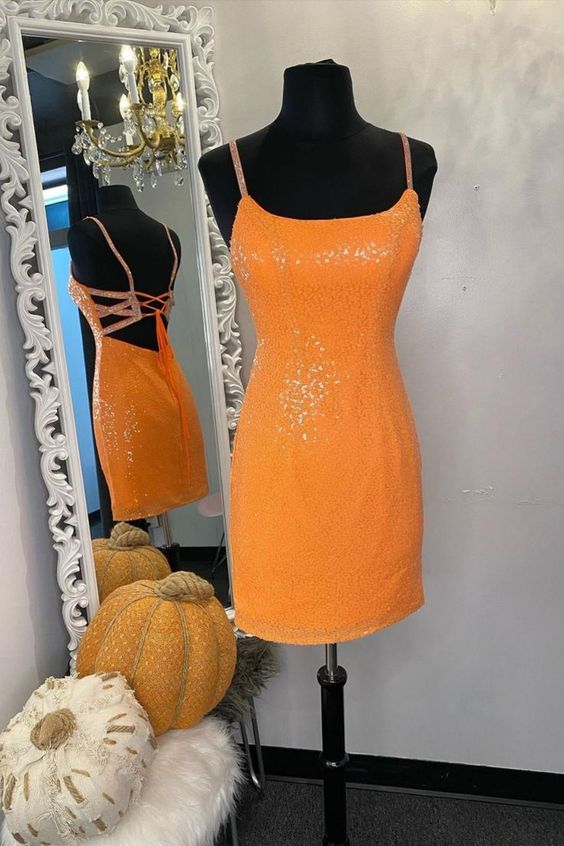glitter orange sequins short homecoming dress       cg23469