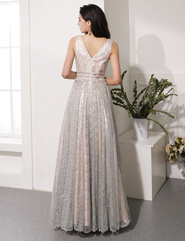 Gorgeous Gray Prom Dresses Deep V Neck Evening Dresses With Beading cg2347