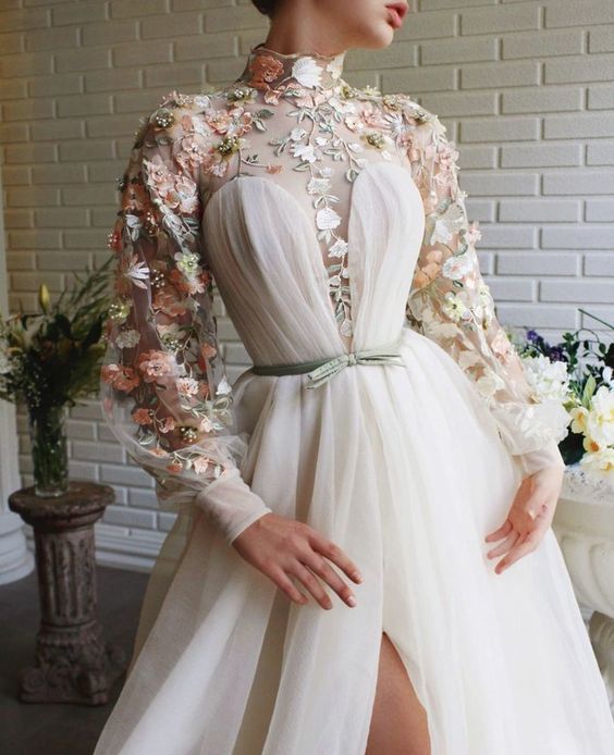 Princess A-Line High Neck Long Sleeve White Lace Embroidery Prom Dress ...