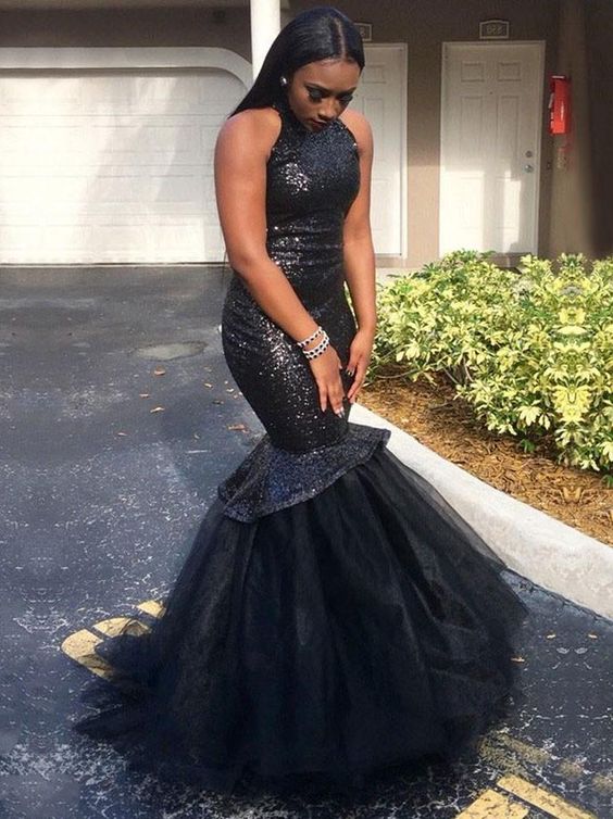 Sleeveless Tulle Sequence Backless African American Long Prom Dresses         cg23509
