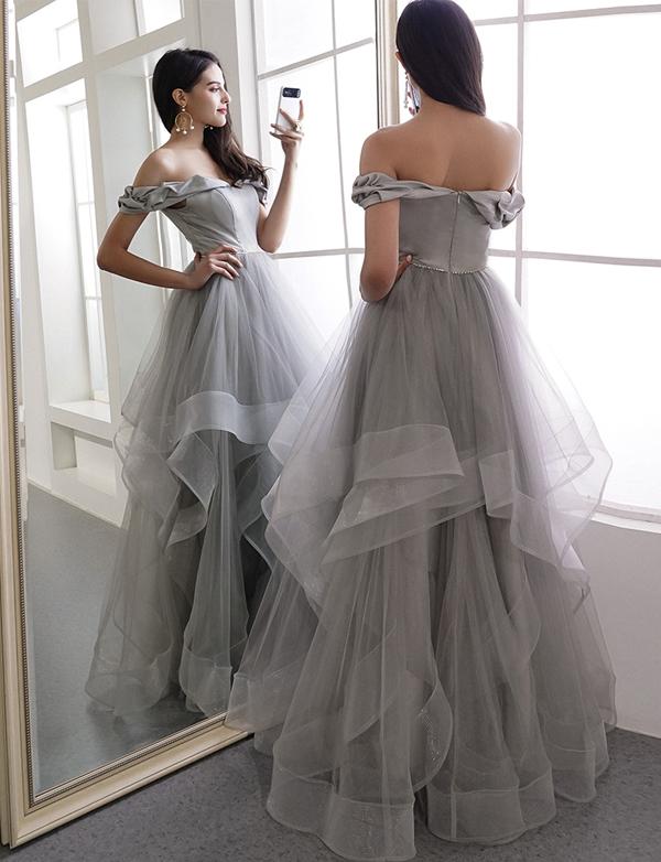 Princess Gray Long Prom Dresses Off The Shoulder Evening Party Dresses cg2351