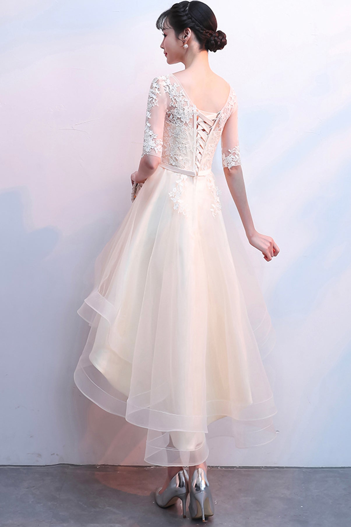 CHAMPAGNE LACE HIGH LOW HOMECOMING DRESS     cg23510