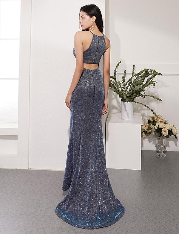 Sexy Mermaid Gray Prom Dresses Halter Evening Dress Split Front cg2352