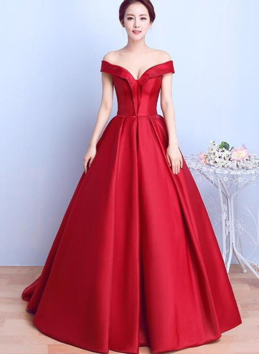 Red Satin Sweetheart Off Shoulder Long Formal Dress Evening Gown, Red Long Ball Gown Party Prom Dress      cg23553