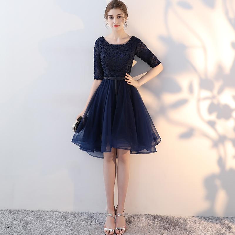 Navy Blue Lace And Tulle Short Sleeves Homecoming Dress Party Dress     cg23555