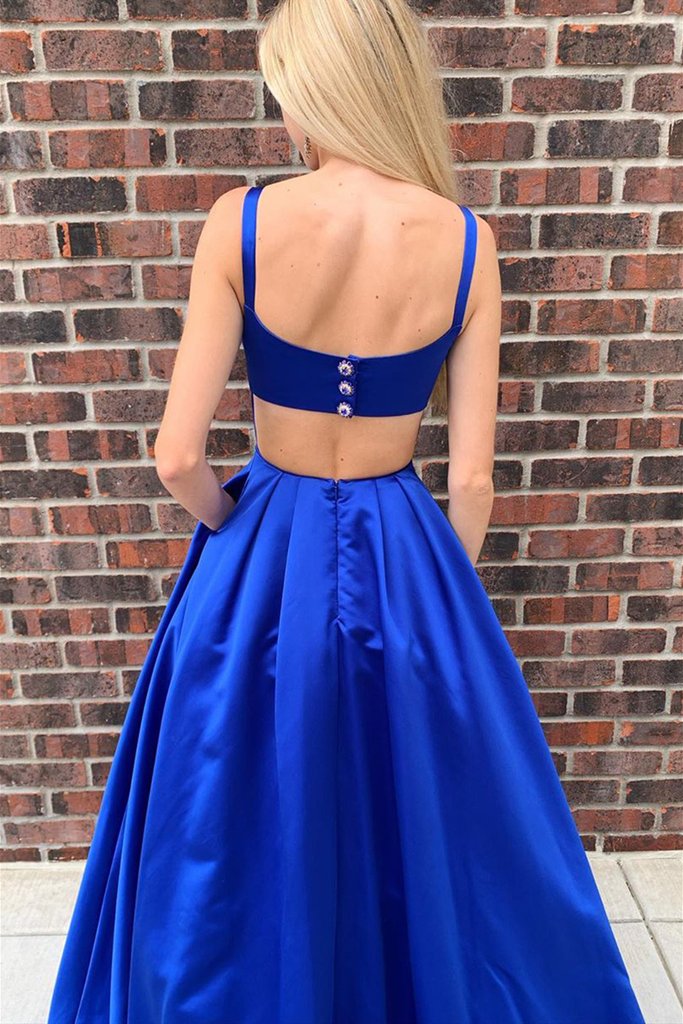 Simple A Line Open Back Royal Blue Satin Long Prom Dress with Pocket      cg23559