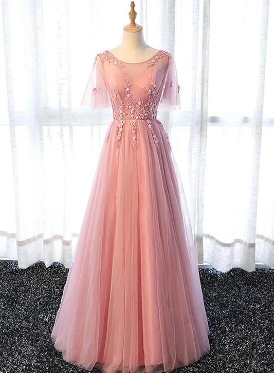 Pink Tulle A-line Long Party Dress Prom Dresses          cg23572