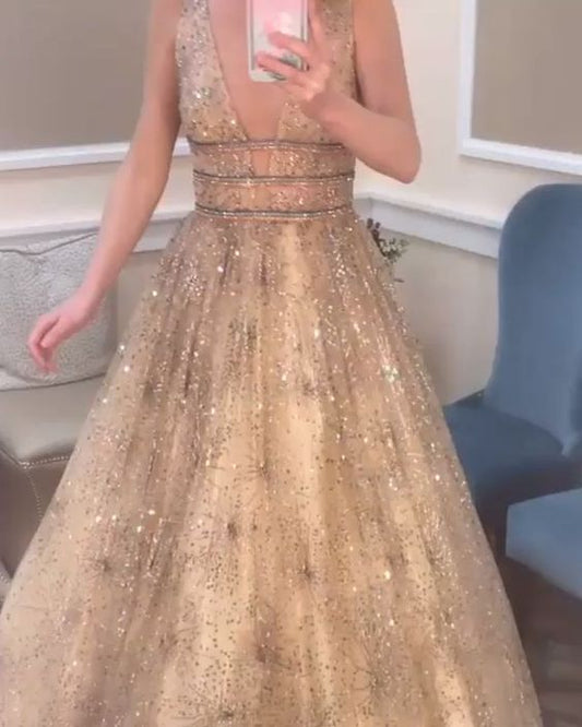 Gorgeous A-Line Beading Gold Long Prom Dress cg2362