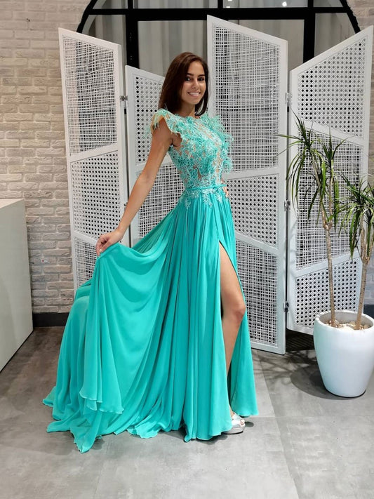 Grünes langes Ballkleid aus Chiffon und Spitze mit Rundhalsausschnitt, Abendkleid aus Spitze cg23654