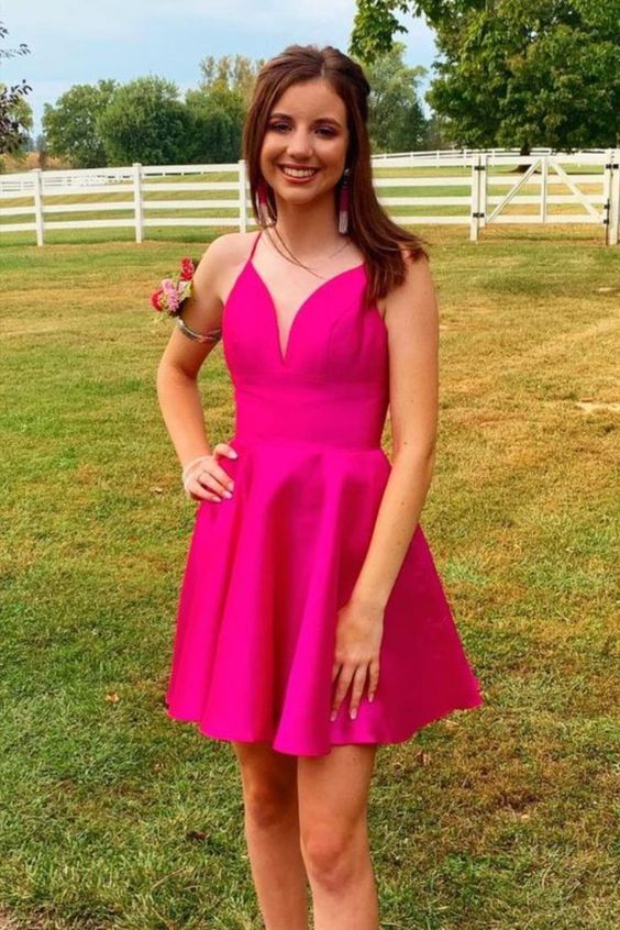 short hot pink A-line homecoming dress with spaghetti straps     cg23705