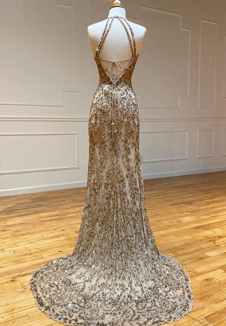 Gold sequins mermaid long prom dress     cg23756