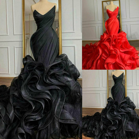 Black Red Wedding Dresses Long Train Organza Tiered Skirt Ruffled Plus Size Gown prom dresses         cg23776
