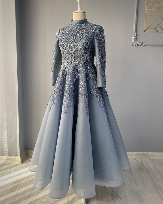 modest blue prom dresses lace emroidery evening dress         cg23788