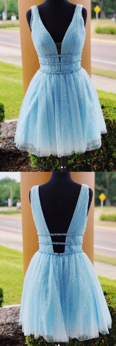 BLUE V NECK TULLE SHORT DRESS, BLUE TULLE HOMECOMING DRESS cg2385