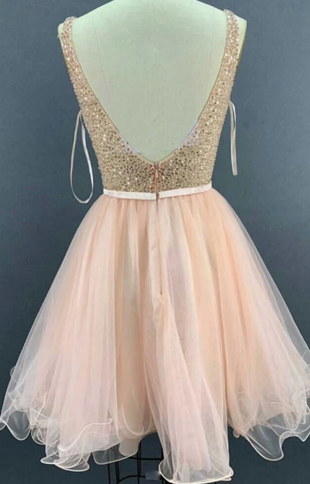 PINK V NECK TULLE SEQUIN SHORT DRESS, PINK TULLE HOMECOMING DRESS cg2390