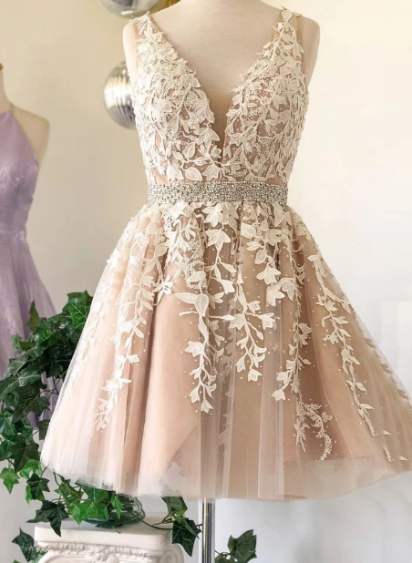 CHAMPAGNE V NECK TULLE LACE SHORT DRESS, CHAMPAGNE HOMECOMING DRESS cg2398