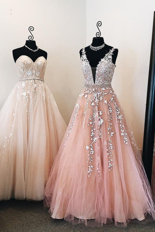 Princess Pink and White Lace Appliques Long Prom Dresses Graduation Dresses cg2410