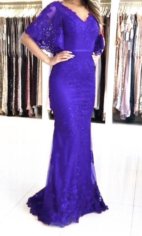 Elegant purple lace mermaid prom dresses with sleeves        cg24247