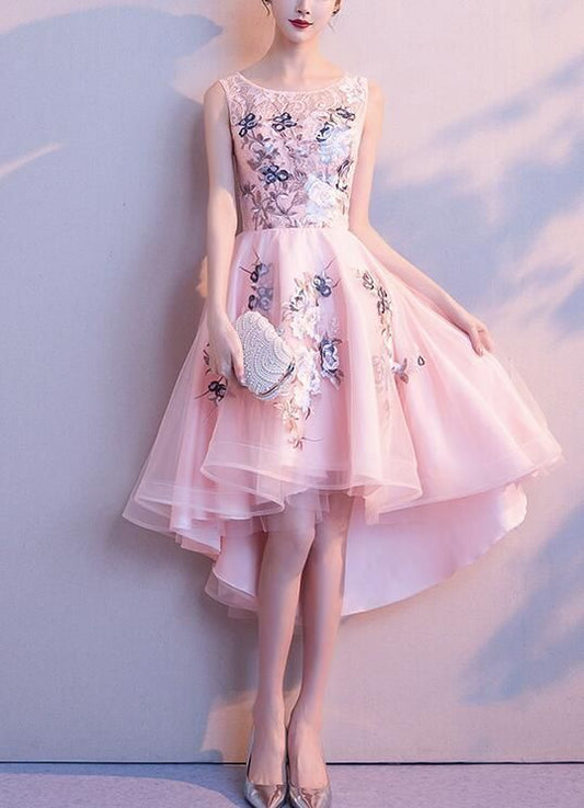 Pink Lace and Tulle High Low Lovely Party Dress, Pink Homecoming Dress cg2430