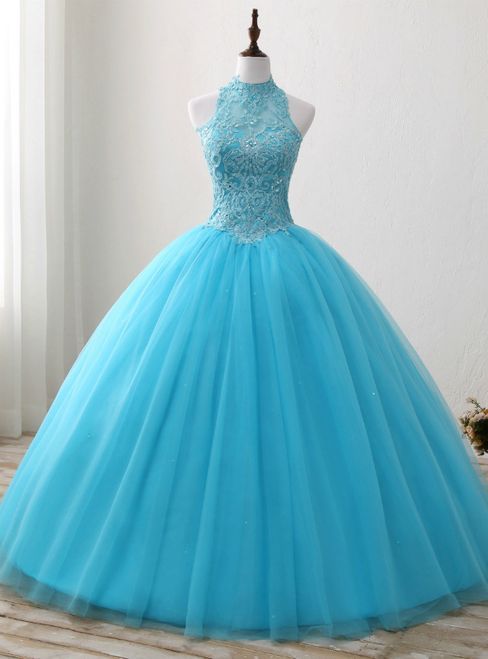 Blue Rulle Lace Appliques High Neck Backless Sweet 15 Dress Prom Dress      cg24353