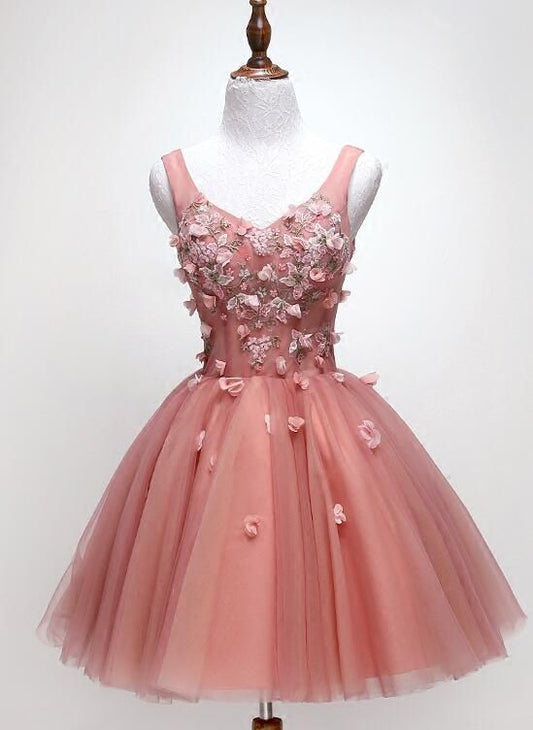 Cute Dark Pearl Pink Knee Length V-neckline Flower Homecoming Dress cg2437