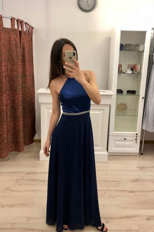 A Line Navy Blue Chiffon Long Prom Dresses,Cheap Party Dresses cg2444