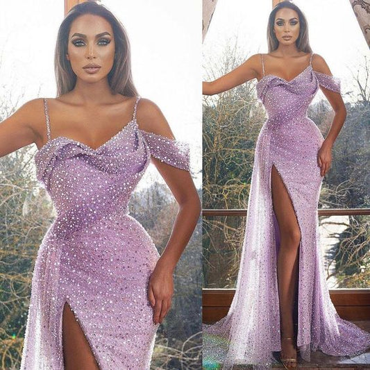 2021 Plus Size Arabic Aso Ebi Lilac High Split Prom Dresses Spaghetti Sexy Sequined Evening Formal Gowns        cg24453