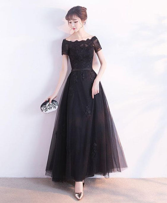 Simple black tulle tea length prom dress, black tulle evening dress cg2450