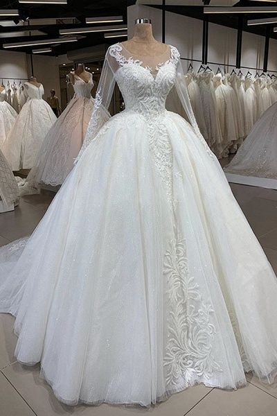 Elegant Long Sleeve Ball Gown Tulle Wedding Dress prom dresses with sleeves      cg24773