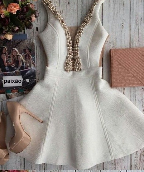 Hot Ivory Deep V Neck with Beading Pearls Short Homecoming Dress cg2478