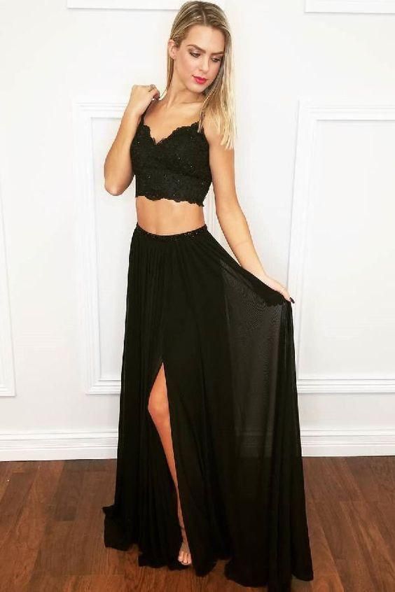 Custom Made Admirable Long Prom Dresses Gorgeous Straps Two Piece Black Long Prom Dress Party Dress     cg24792