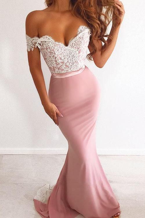 Unique Pink Off the Shoulder Mermaid Lace Long Prom Dresses Cheap Party Dresses    cg24795