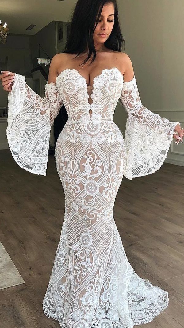 Off The Shoulder Full Sleeves Bridal Dress White prom party dress cg24819