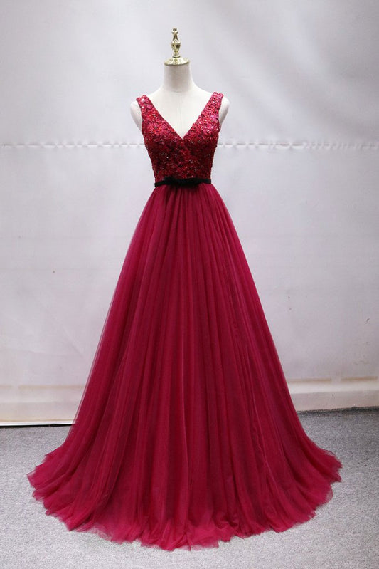 BURGUNDY TULLE LACE LONG PROM DRESS, BURGUNDY LACE FORMAL DRESS cg2486