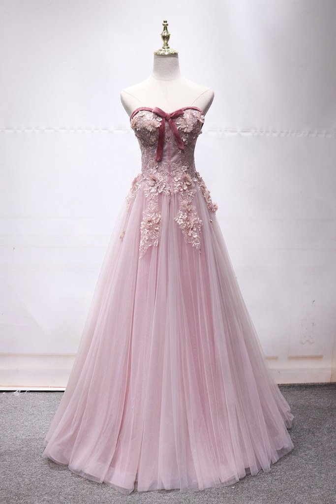 PINK SWEETHEART TULLE LACE LONG PROM DRESS, PINK LACE EVENING DRESS cg2487