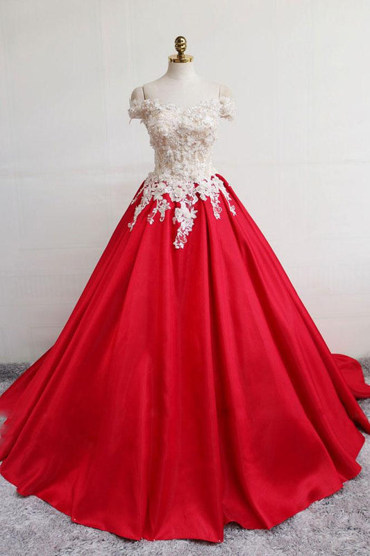 RED SATIN LACE LONG PROM DRESS, RED EVENING DRESS cg2489
