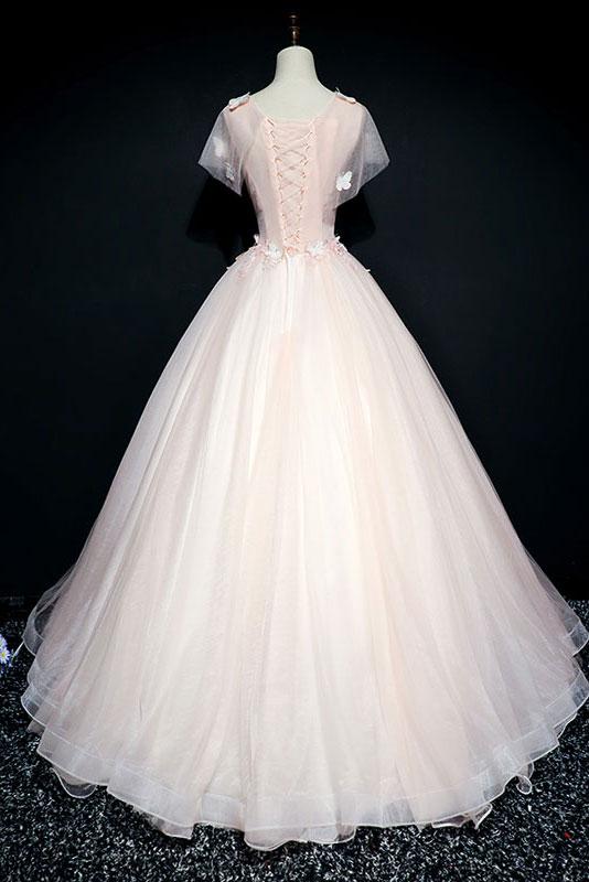 PINK ROUND NECK TULLE LACE LONG PROM DRESS, PINK TULLE FORMAL DRESS cg2491