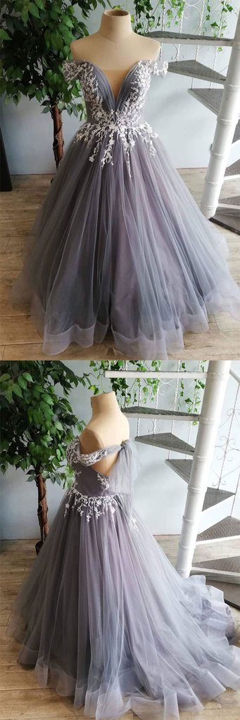 GRAY TULLE LACE LONG PROM DRESS, GRAY TULLE LACE FORMAL DRESS cg2495